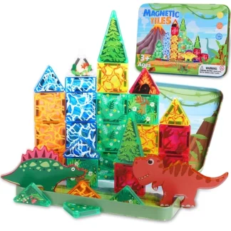 Mini Magnetic Tiles , 36Pcs Travel Magnetic Tiles Dinosaur Sets Montessori Learning Toys for Age 3 4 5 6 7 8 Year STEM Magnet Blocks Stuffers Gifts
